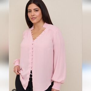 Torrid Georgette Button Front Smocked Collar Long Sleeve Blouse-sz 1